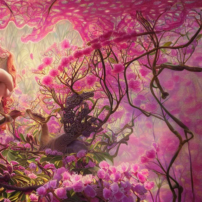 Prompt: extremely psychedelic lattice made of orchid and cherry blossom and musroom, LSD, diffuse lighting, fantasy, intricate, elegant, highly detailed, lifelike, photorealistic, digital painting, artstation, illustration, concept art, smooth, sharp focus, art by John Collier and Albert Aublet and Krenz Cushart and Artem Demura and Alphonse Mucha