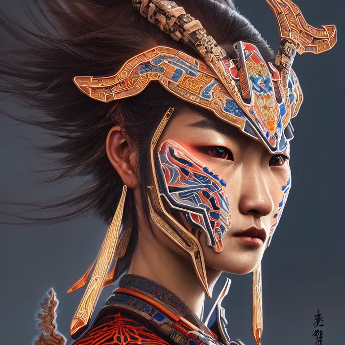 Image similar to symmetry! portrait of a hybrid angry warrior, face decorated with chinese opera motifs, leds horizon zero dawn machine, intricate, elegant, highly detailed, digital painting, artstation, concept art, smooth, sharp focus, illustration, art by artgerm and greg rutkowski and alphonse mucha, 8 k