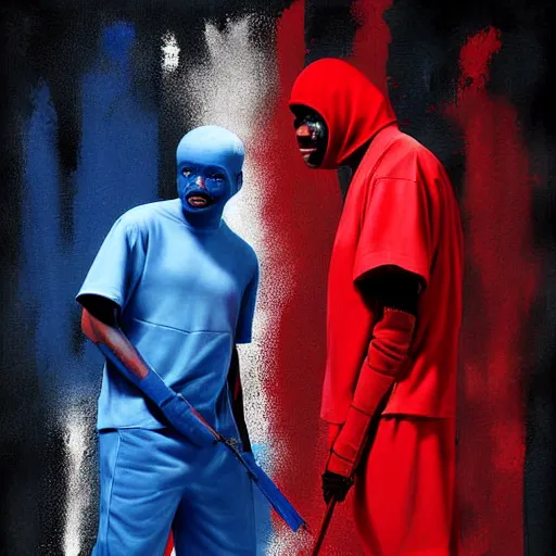 Prompt: crips vs bloods, uhd, painting, 8 k by emanuele dascanio and robin eley