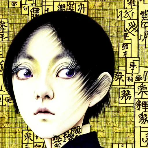 Image similar to yoshitaka amano blurred and dreamy realistic three quarter angle portrait of a young woman with short hair and black eyes wearing office suit with tie, junji ito abstract patterns in the background, satoshi kon anime, noisy film grain effect, highly detailed, renaissance oil painting, weird portrait angle, blurred lost edges