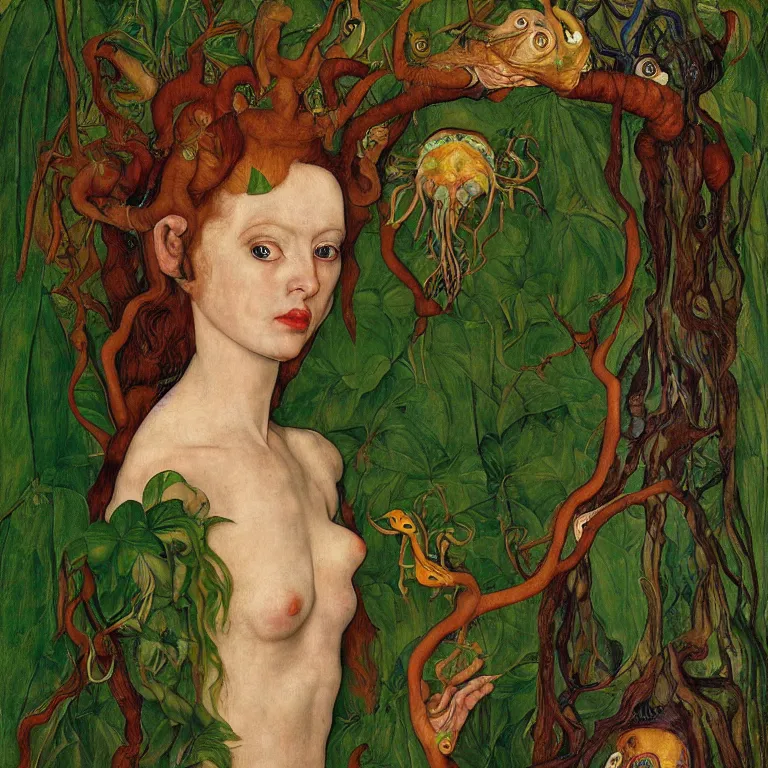 Prompt: a dryad venus, transforms herself into a tropical alien fish. her face in strangely long and she has goat pupils. in the forest around her are colorful tropical birds and orchids. painted by jan van eyck, egon schiele and max ernst, trending on artstation, 8 k, award winning