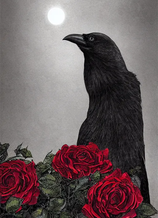 Image similar to portrait, A crow with red eyes in front of the full big moon, book cover, red roses, red white black colors, establishing shot, extremly high detail, foto realistic, cinematic lighting, pen and ink, intricate line drawings, by Yoshitaka Amano, Ruan Jia, Kentaro Miura, Artgerm, post processed, concept art, artstation, matte painting, style by eddie mendoza, raphael lacoste, alex ross