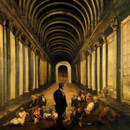 Image similar to underground tunnels inhabited by portly white men in suits and ties, computers, lights and switches, portal to another world, baroque oil painting