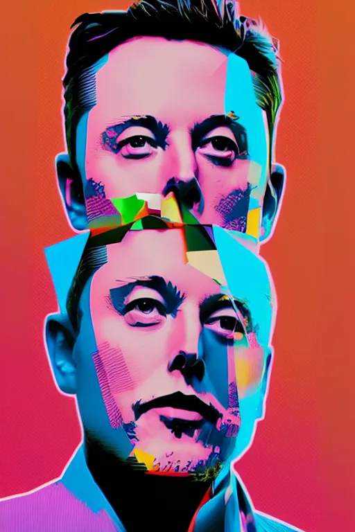 Image similar to cubist portrait of elon musk cutout digital illustration cartoon colorful beeple