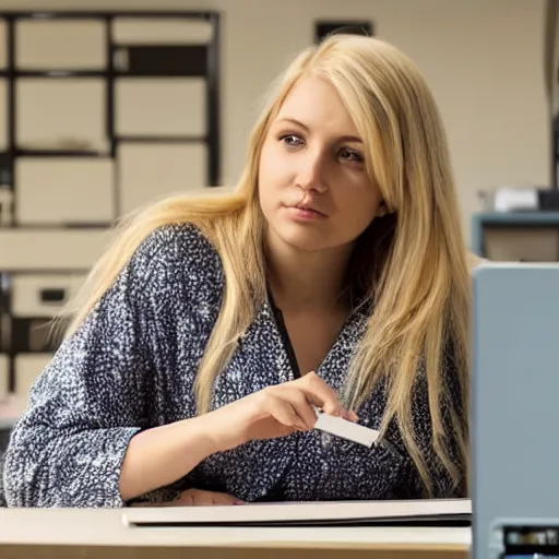 Image similar to a blonde baby girl working CAD computer drafting, civil engineer, sitting at a desk