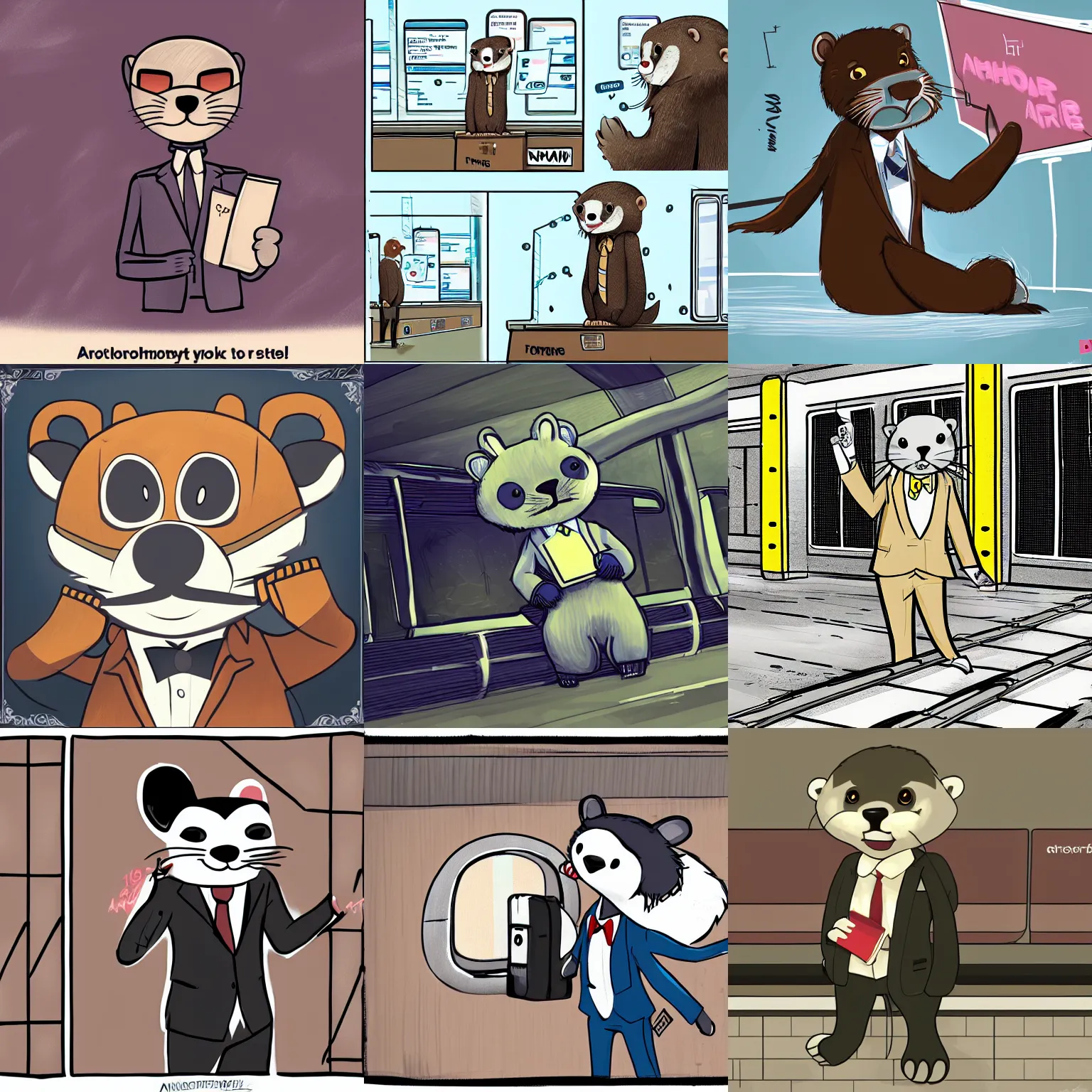 Prompt: anthropomorphic furry otter wearing a suit in a train station, trending on art station, furaffinity, comic book