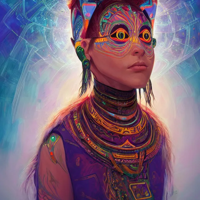 Image similar to portrait of a future metaverse ayahuasca tech shaman warrior, 2 d cartoon, visionary art, symmetric, magick symbols, holy halo, shipibo patterns, sci - fi, concept art, trending on art station, 8 k digital art, by mandy jurgens, fantasy portrait art, anime