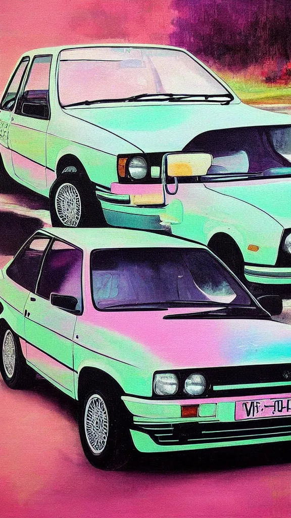 Image similar to rococo painting of a 1 9 8 0 s vw golf, pastel colour palette, iridescent