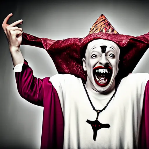 Image similar to medieval jester laughing, sinister, photograph, portrait,