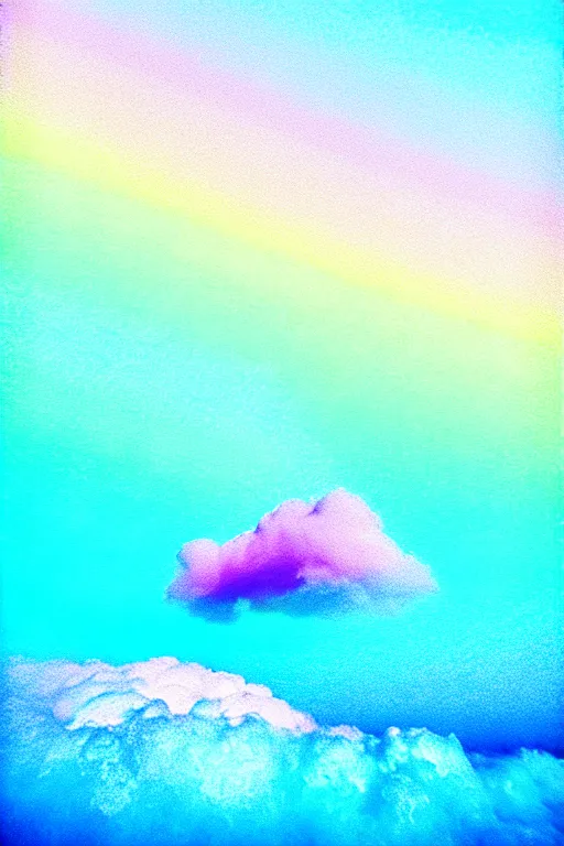 Image similar to high quality pastel coloured film close up wide angle photograph of a model wearing clothing swimming on cloud furniture in a icelandic black rock!! environment in a partially haze filled dreamstate world. three point light, rainbow. photographic production. art directed. pastel colours. volumetric clouds. pastel gradient overlay. waves glitch artefacts. extreme facial clarity. 8 k. filmic.