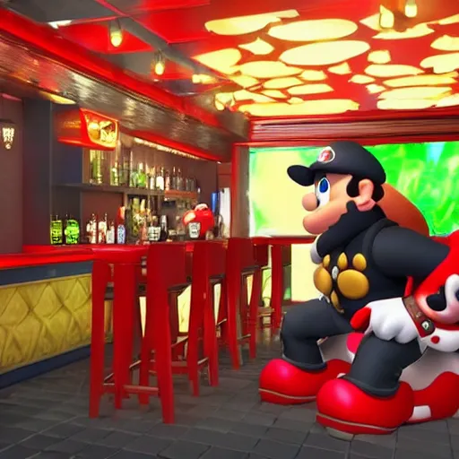 Image similar to an ultradetailed 3 d render of shadow the hedgehog and bowser sitting in a bar drinking beer, dive bar with a karaoke machine, volumetric lighting, 4 k, octane render, in the style of mario and sega