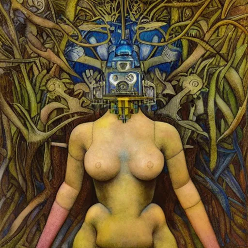 Image similar to robot seizes the forest crown, by Annie Swynnerton and Diego Rivera and Elihu Vedder, symbolist, dramatic lighting, elaborate geometric ornament, tattoos, Art Brut, soft cool colors,smooth, sharp focus, extremely detailed