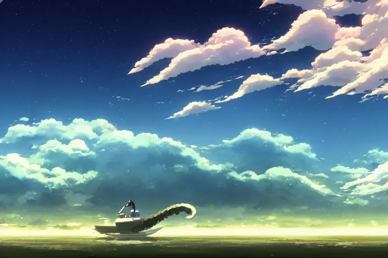 Image similar to painting of a dreamy cloudscape, a flying leviathan in the foreground, exterior wide shot, otherworldly and ethereal by kazuo oga in the anime film by studio ghibli, screenshot from the anime film by makoto shinkai