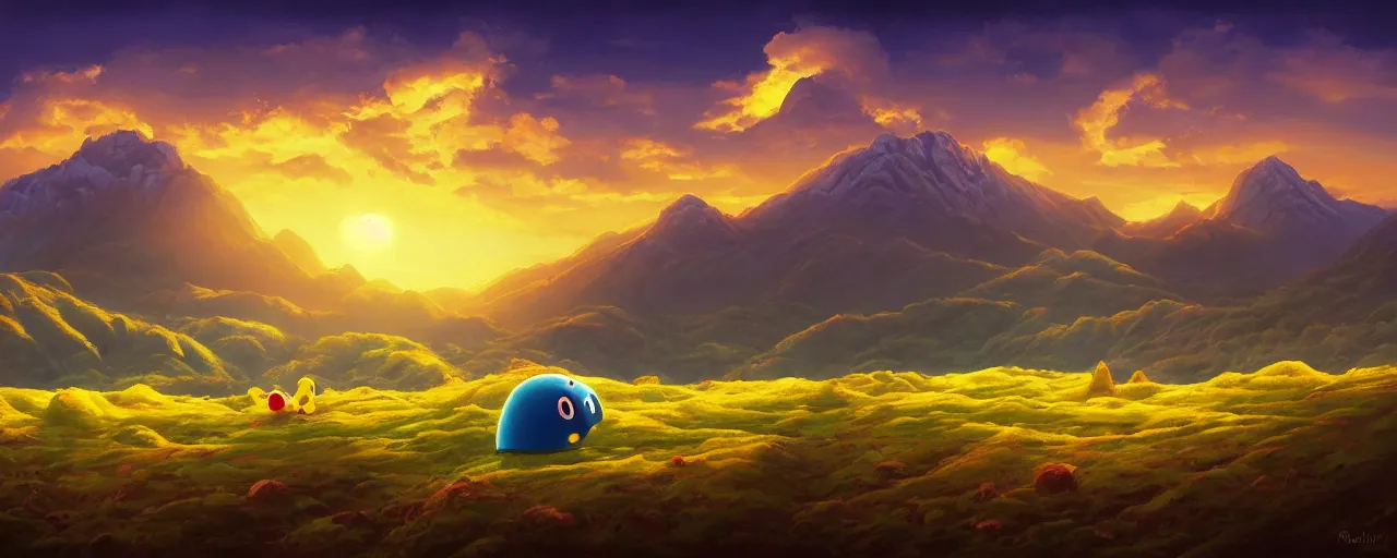 Image similar to detailed pacman in a beautiful nature landscape with clouds, mountains, in background, sunset, by rhads, pacman