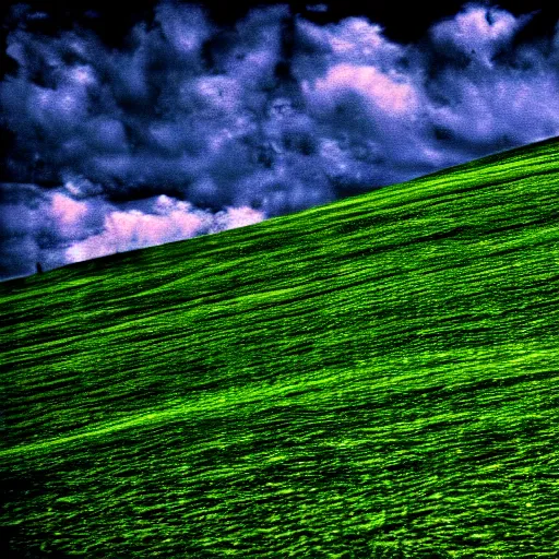 Prompt: motion blurry photo of windows xp bliss wallpaper, saturated very high contrast broken camera, compressed jpeg, damaged webcam image, grainy damaged photo,