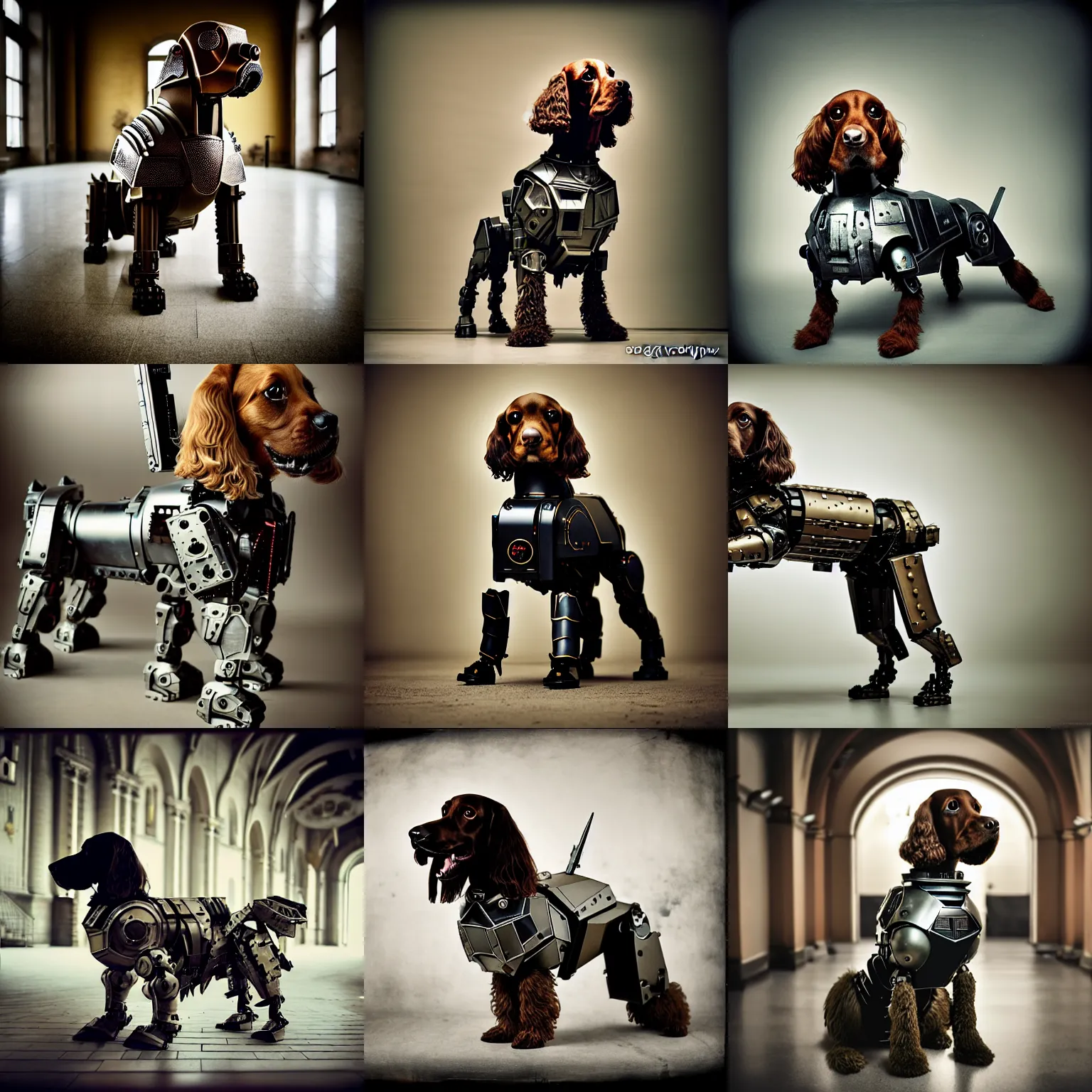 Prompt: ! epic pose!!! armored cyborg warmachine battle cocker spaniel superdog, in legnica city hall, full body, cinematic focus, polaroid photo, vintage, neutral dull colors, soft lights, by oleg oprisco, by thomas peschak, by discovery channel, by victor enrich, by gregory crewdson