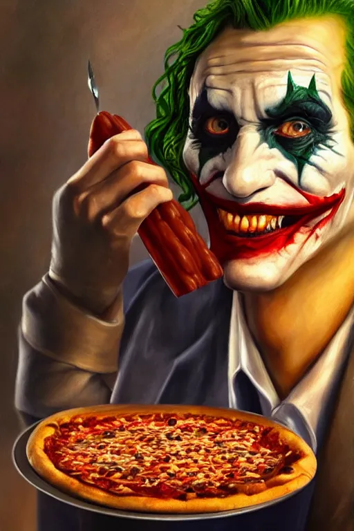 Image similar to a full body high detail fantasy portrait oil painting illustration of the joker eating baked beans and pizza by justin sweet with face and body clearly visible, in a scenic background, pretty eyes, realistic proportions, d & d, rpg, forgotten realms, artstation trending, high quality, sombre mood, artstation trending, muted colours, entire person visible!