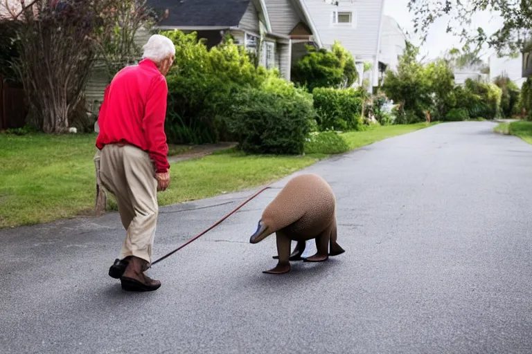 Image similar to Old man walking his platypus on a residential street