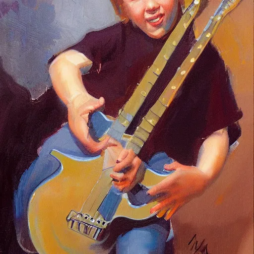 Image similar to a portrait of young james hetfield playing guitar, by gregory manchess and stanley lau