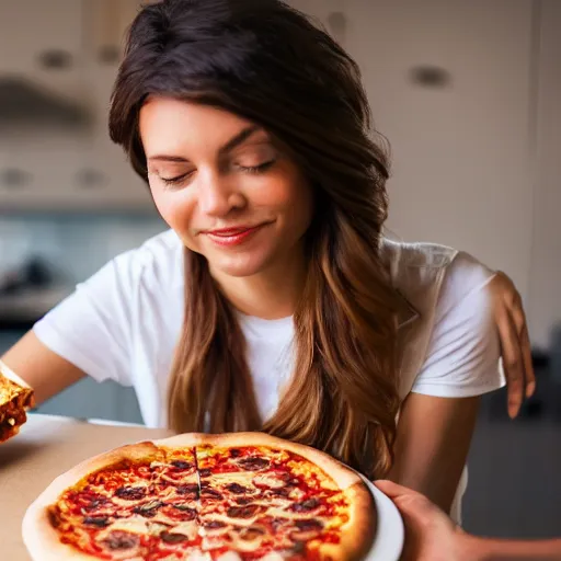 Prompt: woman eating a pizza with bones