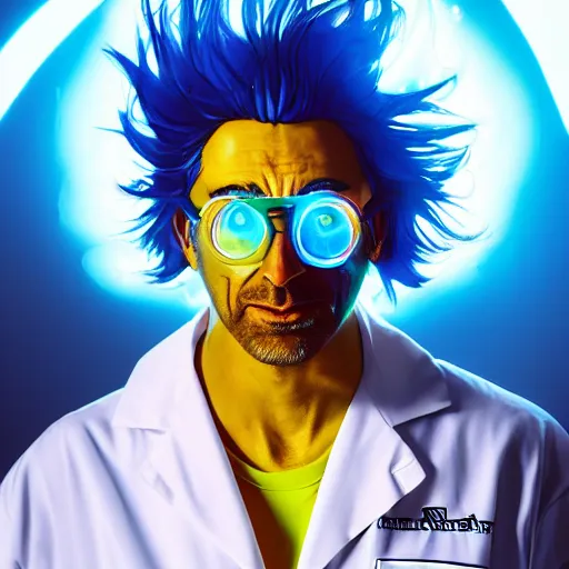 Image similar to portrait of rick sanchez, lab coat and tee shirt, lens flare, atmosphere, glow, detailed, intricate, full of colour, cinematic lighting, 4 k, hyperrealistic, focused, extreme details, cinematic, masterpiece