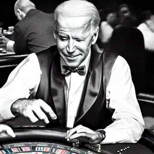 Image similar to joe biden smoking a cigar and playing poker in a casino, photorealistic