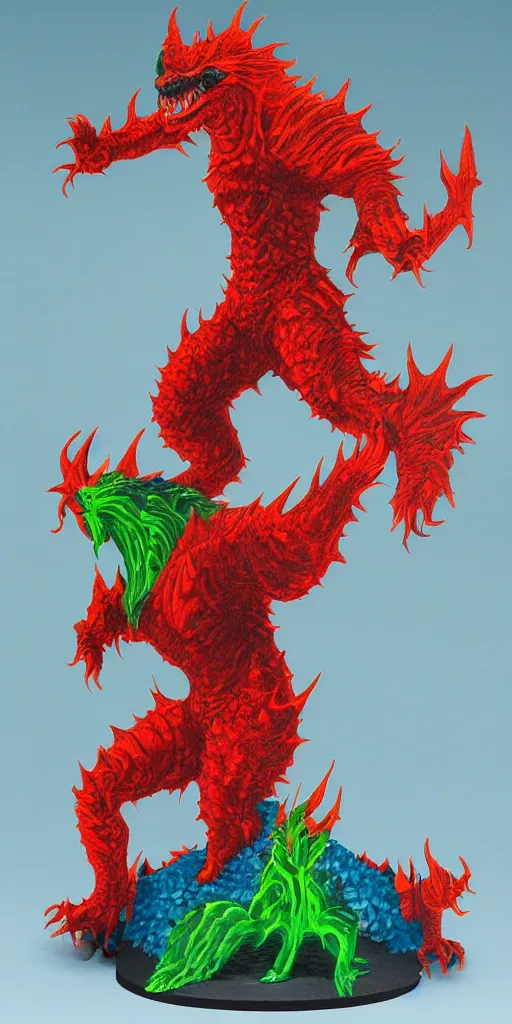 Image similar to a kaiju figurine super detailed acrylic painting with fluo colors