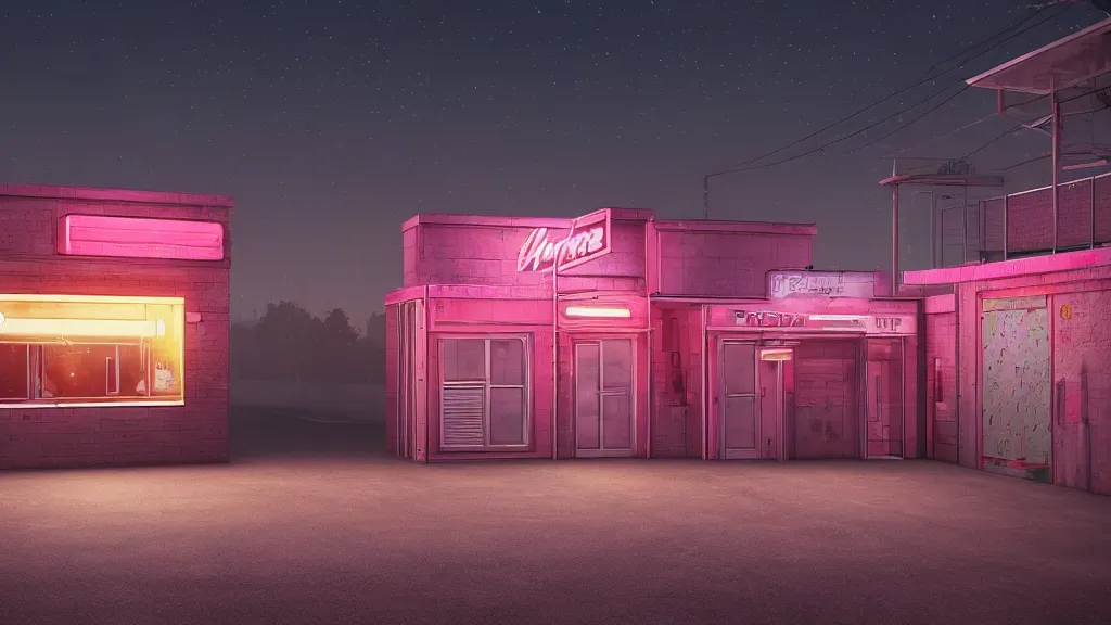 Image similar to an empty parking lout outside an abandoned retro diner at night, by lee madgwick, pink and orange neon lights, highly detailed, photorealistic, artstation trending, cryengine 8 k uhd