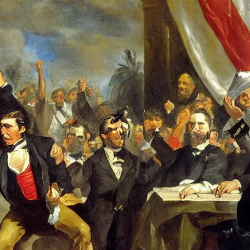 Image similar to Eugène Delacroix painting of donald trump speaking to crowd