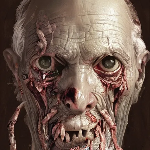 Image similar to elderly zombie man tearing off his face, intricate, art by artgerm and greg rutkowski and alphonse mucha and william - adolphe bouguereau, high detailed, 4 k,