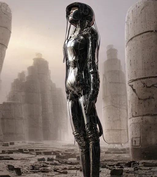 Image similar to tarkovsky's greatest scene, the ancient destroyed majestic tower of babylon, woman in a gantz o suit, futuristic cyber clothing, transparent puffer jacket, hyperrealistic, blockchain, cyber world, ambient lighting, concept art, intricate suit, hyper detailed, smooth, dynamic volumetric lighting, octane, ray trace, cinematic, high quality, cgsociety