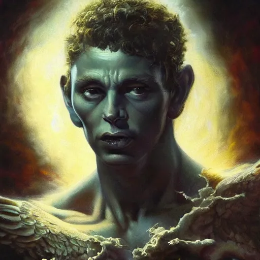 Prompt: ultra realistic medium shot head and shoulders masterpiece portrait painting of the a fallen angel, cosmic horror, artstation, art by frank frazetta, 4 k, ultra realistic, highly detailed, epic lighting