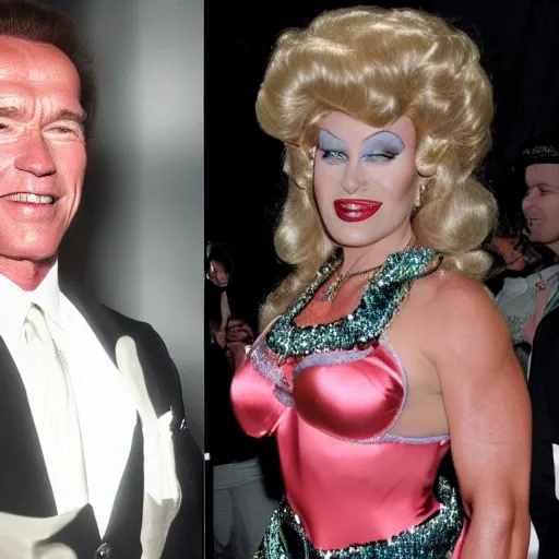 Prompt: Arnold Schwarzenegger dressing in drag