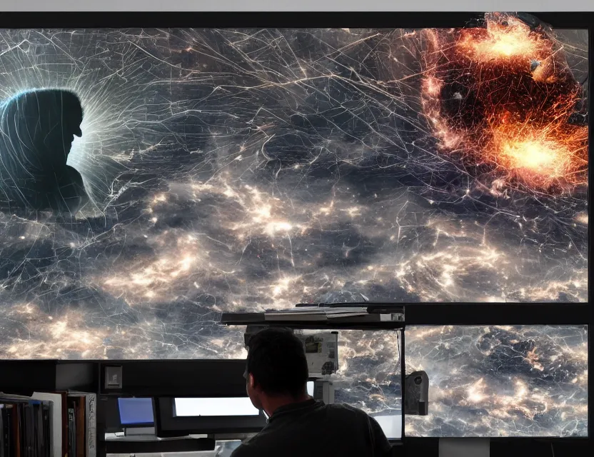 Image similar to a high resolution photo of a sad man in a messy office room with many screens photoshopping his own face while watching the collapse of the entire universe live stream on a vintage computer screen, storm, fire, earthquake, debris,