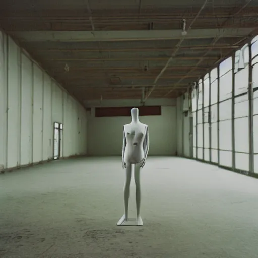 Prompt: empty warehouse room with a lone female mannequin in front of the camera cinestill liminal 7 0's film
