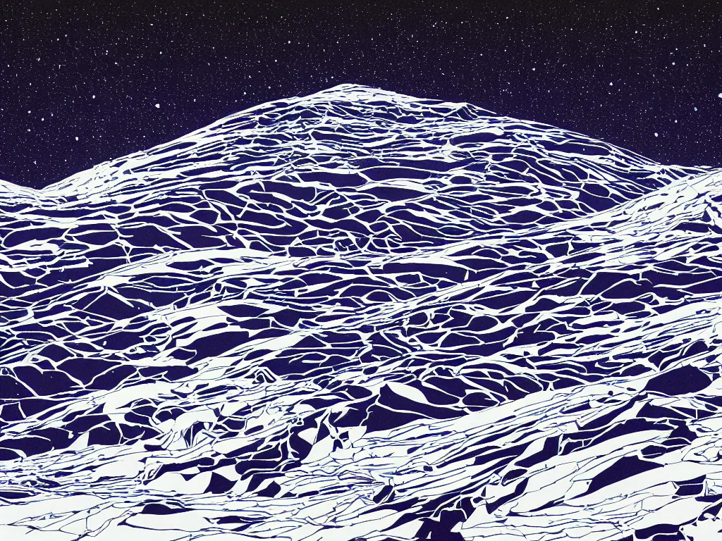 Prompt: a vast snow covered icy landscape disturbed by a spacecraft wreckage, spilling black oil and fluorescent liquid in the abyss, flat design, screen print by jeffrey smith and moebius