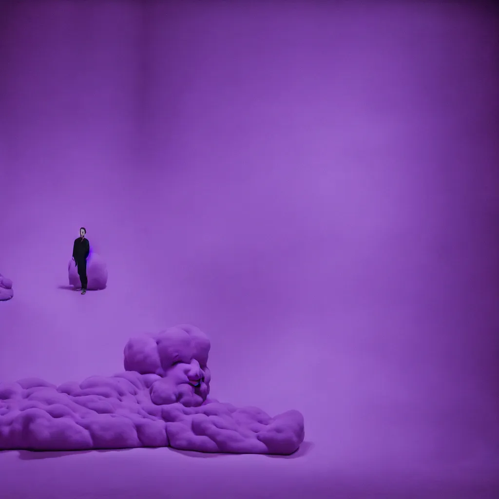 Prompt: cinestill of a giant form made of purple wax float through the living room and purple foam film still from the movie directed by david lynch with art direction, 8 k, hd, high resolution, 3 5 mm, f / 3 2, ultra realistic faces, lost highway