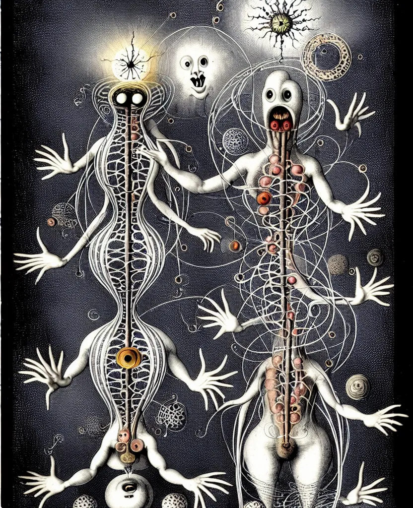 Image similar to whimsical freaky creature sings a unique canto about'as above so below'being ignited by the spirit of haeckel and robert fludd, breakthrough is iminent, glory be to the magic within