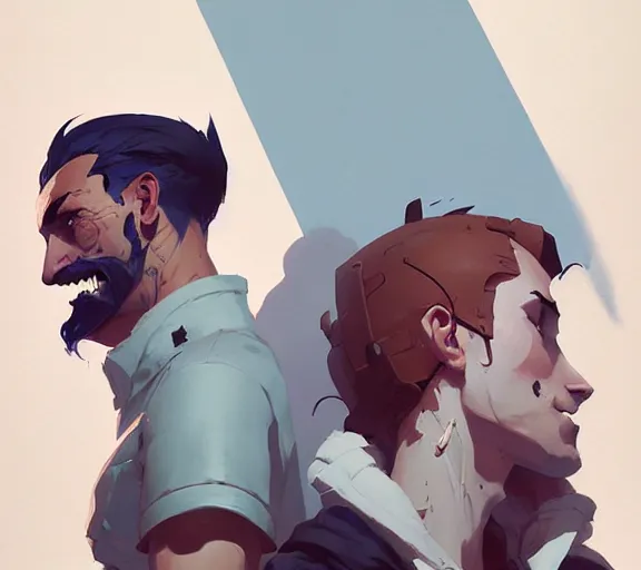 Prompt: portrait jayce and viktor by atey ghailan, by greg rutkowski, by greg tocchini, by james gilleard, by joe fenton, by kaethe butcher, dynamic lighting, gradient light blue, brown, blonde cream and white color scheme, grunge aesthetic