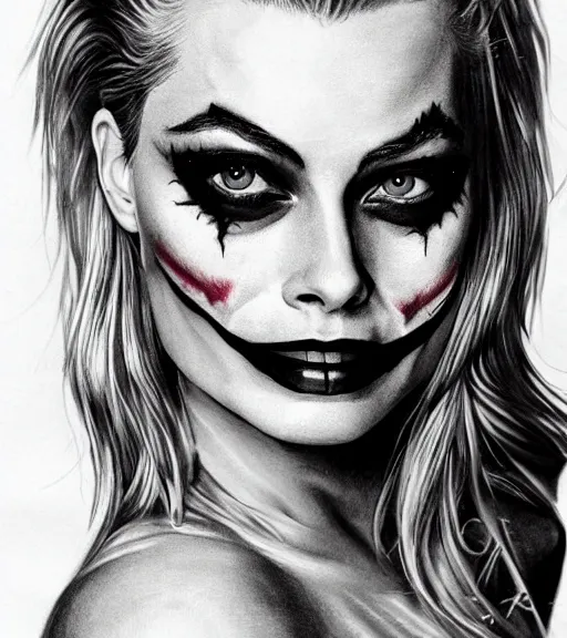 Image similar to tattoo design sketch of beautiful margot robbie portrait with joker makeup, in the style of den yakovlev, realistic face, black and white, faded outline, realism tattoo, hyper realistic, highly detailed