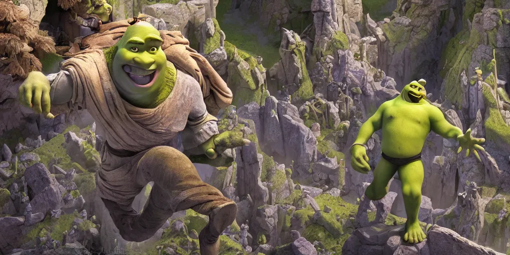 Image similar to shrek versus god, marble, realistic 4 k octane beautifully detailed render, 4 k post - processing, highly detailed, intricate complexity, epic composition, magical atmosphere, cinematic lighting, masterpiece, ultra hd