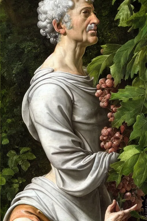 Image similar to renaissance painting of elder in the garden, closeup, short silver hair, a wise face, emotions closeup, dressed in roman armour, the beautiful garden with oak leaves everywhere, ultra detailed, art by Guido Reni style, Vincenzo Catena style