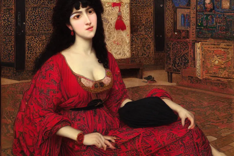 Image similar to orientalist portrait of a woman with thick black bangs and curly hair wearing a red dress selling tapestries in a busy marketplace intricate artwork by Fabio Fabbi and john william waterhouse and Edwin Longsden Long and Nasreddine Dinet and Theodore Ralli trending on artstation, very coherent symmetrical artwork high detail 8k