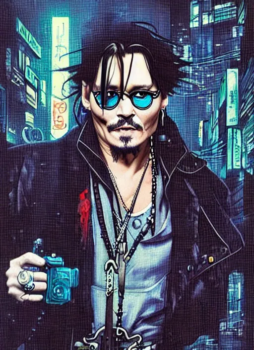 Image similar to johnny depp in a cyberpunk city by james jean, manuel sanjulian