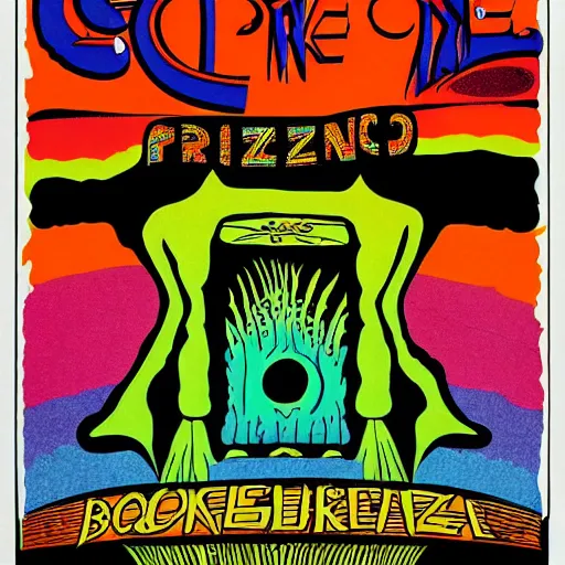 Prompt: Fillmore concert poster for The Bozone by Victor Moscoso and Rick Griffin, psychedelic, day-glo colors, flowing lettering