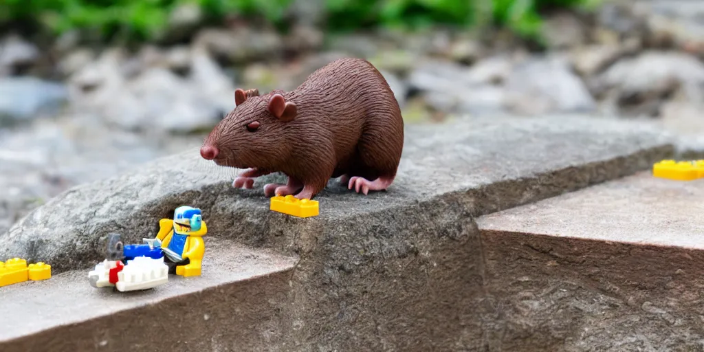 Image similar to A lego rat sitting on a lego bridge over a lego river