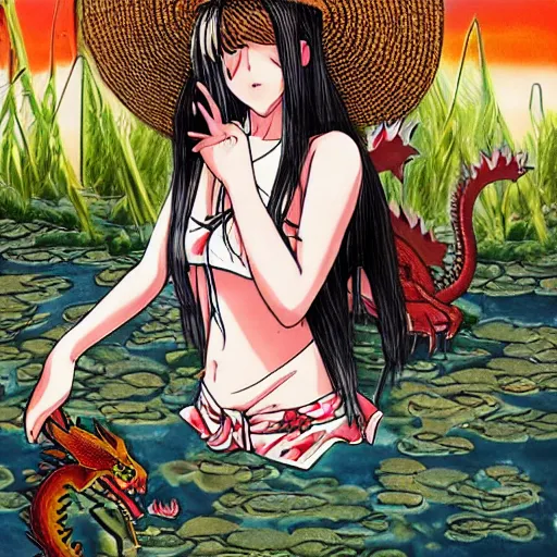 Image similar to manga art girl in straw hat with dragon tatoo with lights traveling around swamp in boat