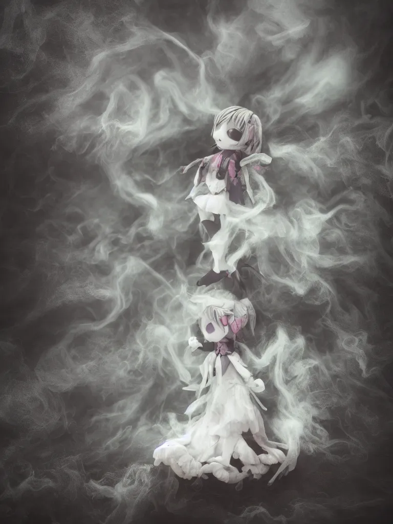 Image similar to cute fumo plush of a cursed frail witch girl held in the arms of a ghost, melting volumetric smoke and fog, environment map pbr reflective stormy water, goth, vignette, vray