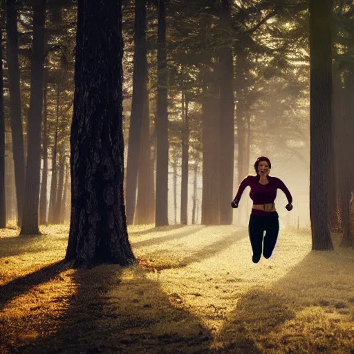 Image similar to a woman running, forest light, romanticism art style