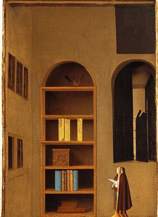 Image similar to bookshelf with books and children toys, medieval painting by jan van eyck, johannes vermeer, florence